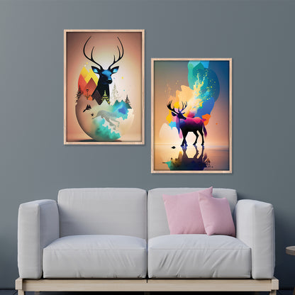 Vibrant Abstract Deer Spirit Art Set Wall Frame