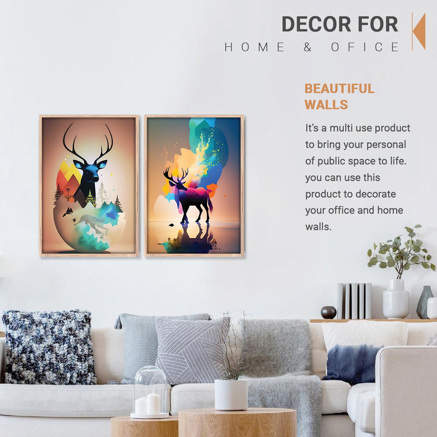 Vibrant Abstract Deer Spirit Art Set Wall Frame