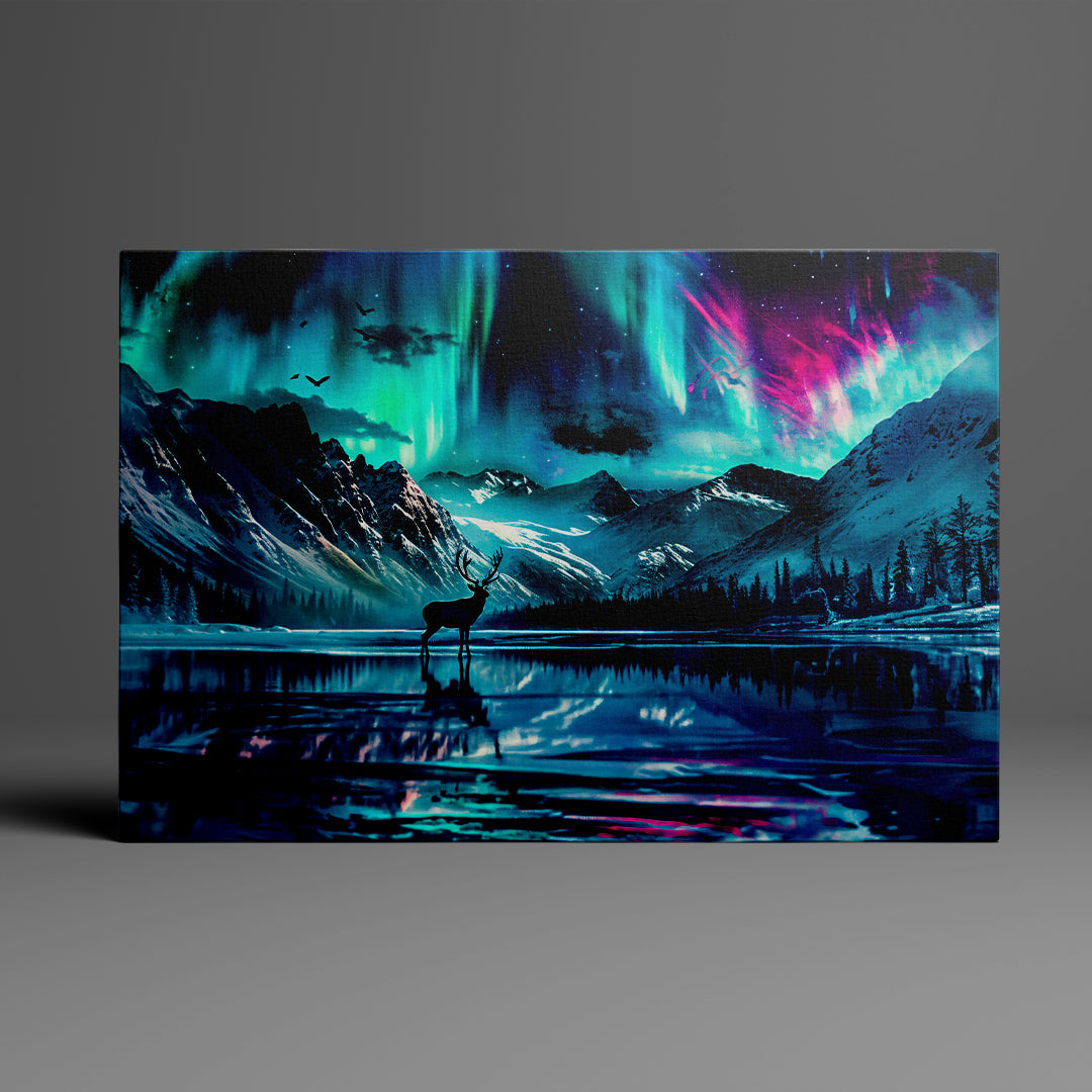Deer Silhouette Northern Lights Lake Reflection Print Canvas