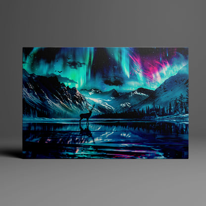 Deer Silhouette Northern Lights Lake Reflection Print Canvas