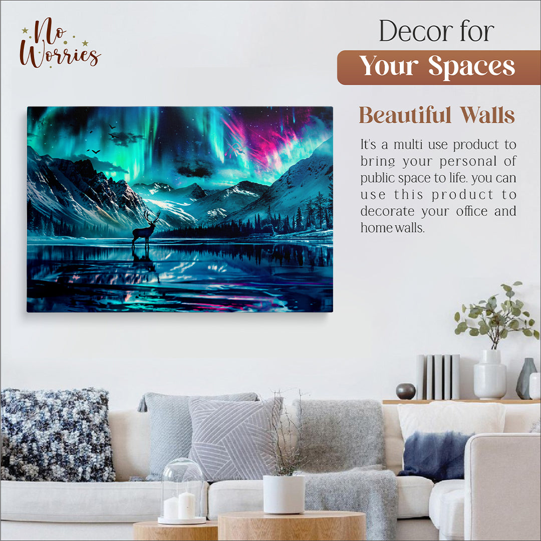 Deer Silhouette Northern Lights Lake Reflection Print Canvas