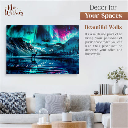 Deer Silhouette Northern Lights Lake Reflection Print Canvas