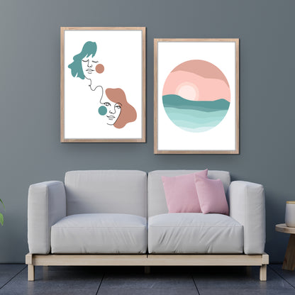 Minimalist Line Art Faces and Sunset Duo Wall Frame