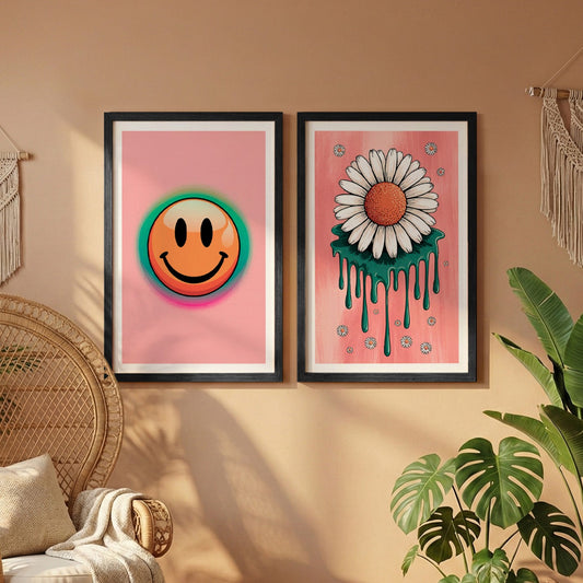 Smiley Daisy Aesthetic Wall Art Set of 2
