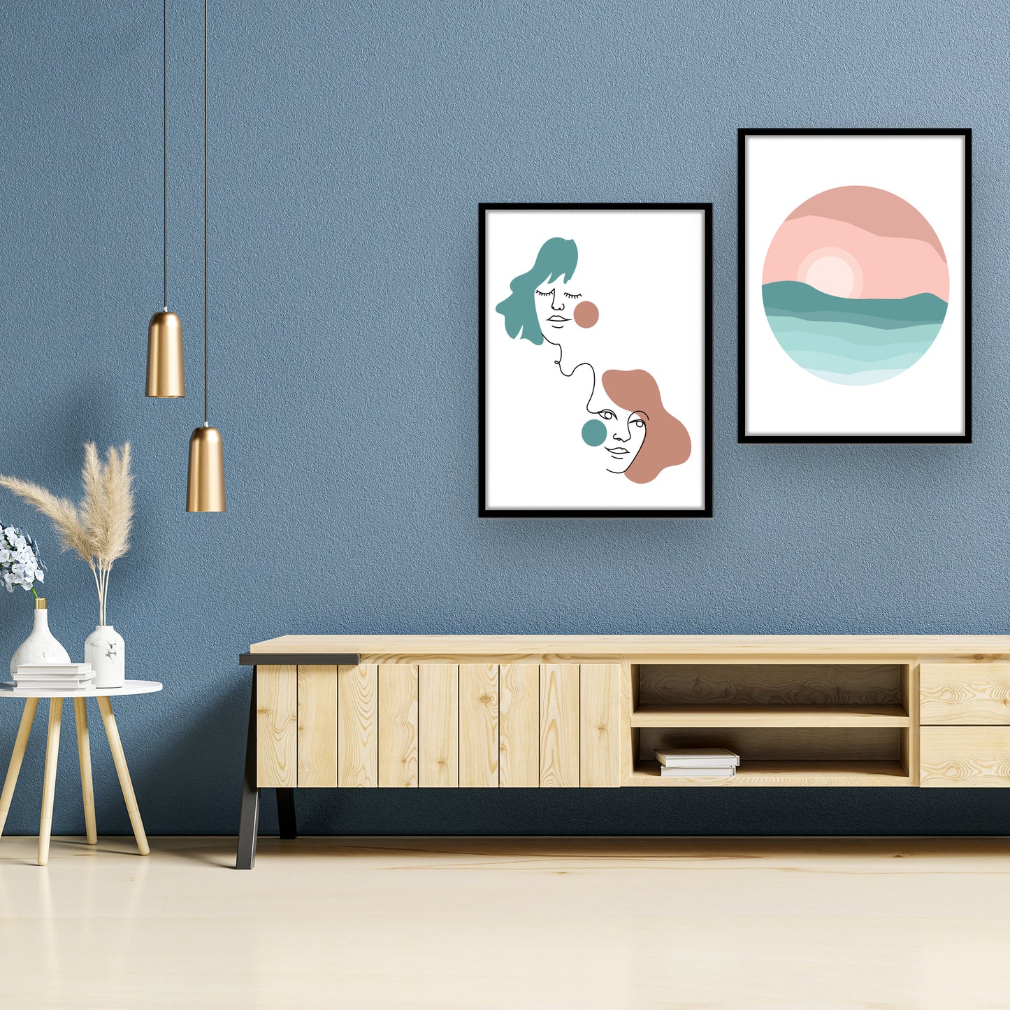Minimalist Line Art Faces and Sunset Duo Wall Frame