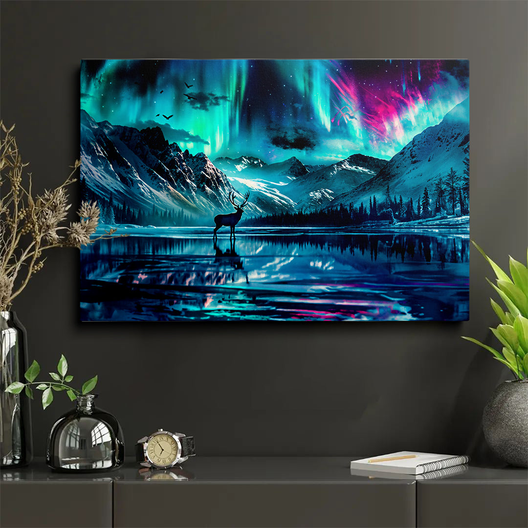 Deer Silhouette Northern Lights Lake Reflection Print Canvas