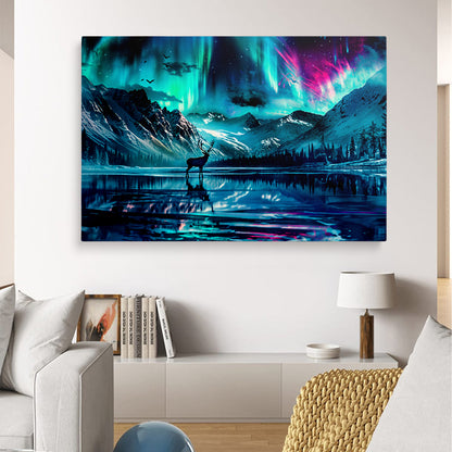 Deer Silhouette Northern Lights Lake Reflection Print Canvas