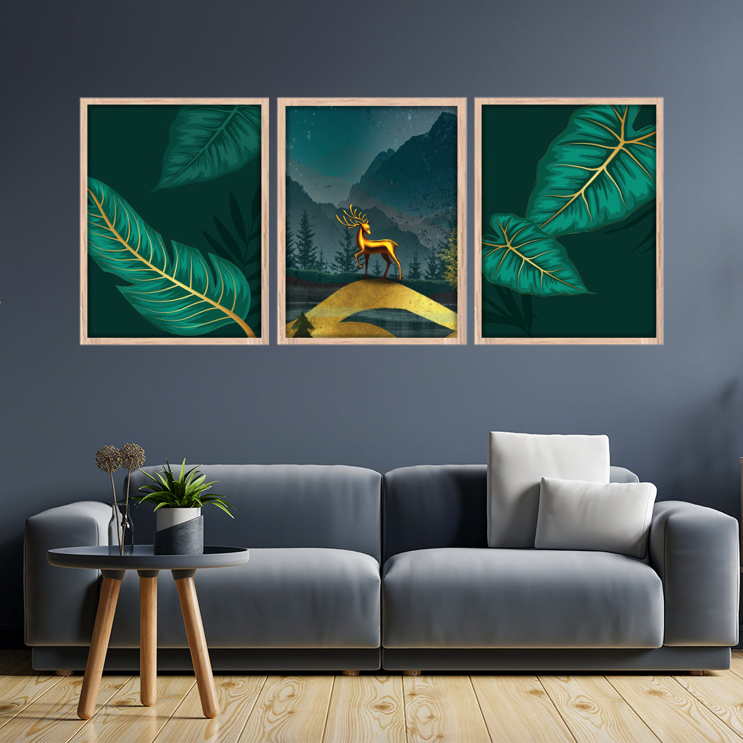 Golden Stag in Midnight Forest Wall Frame Set