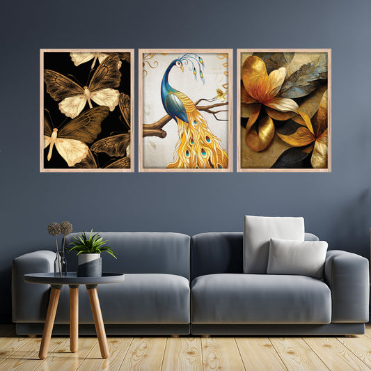 Royal Peacock & Golden Florals Wall Frame