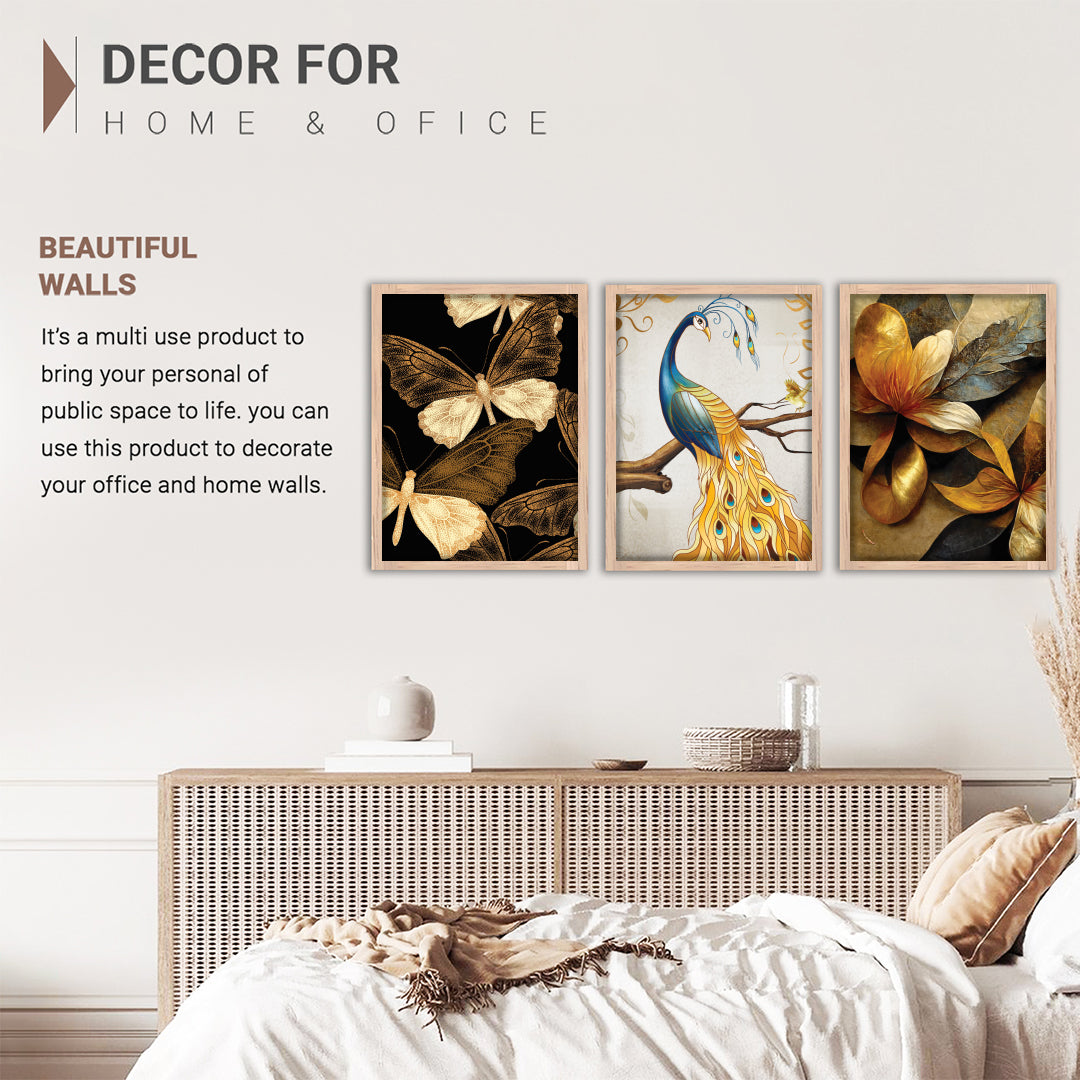 Royal Peacock & Golden Florals Wall Frame