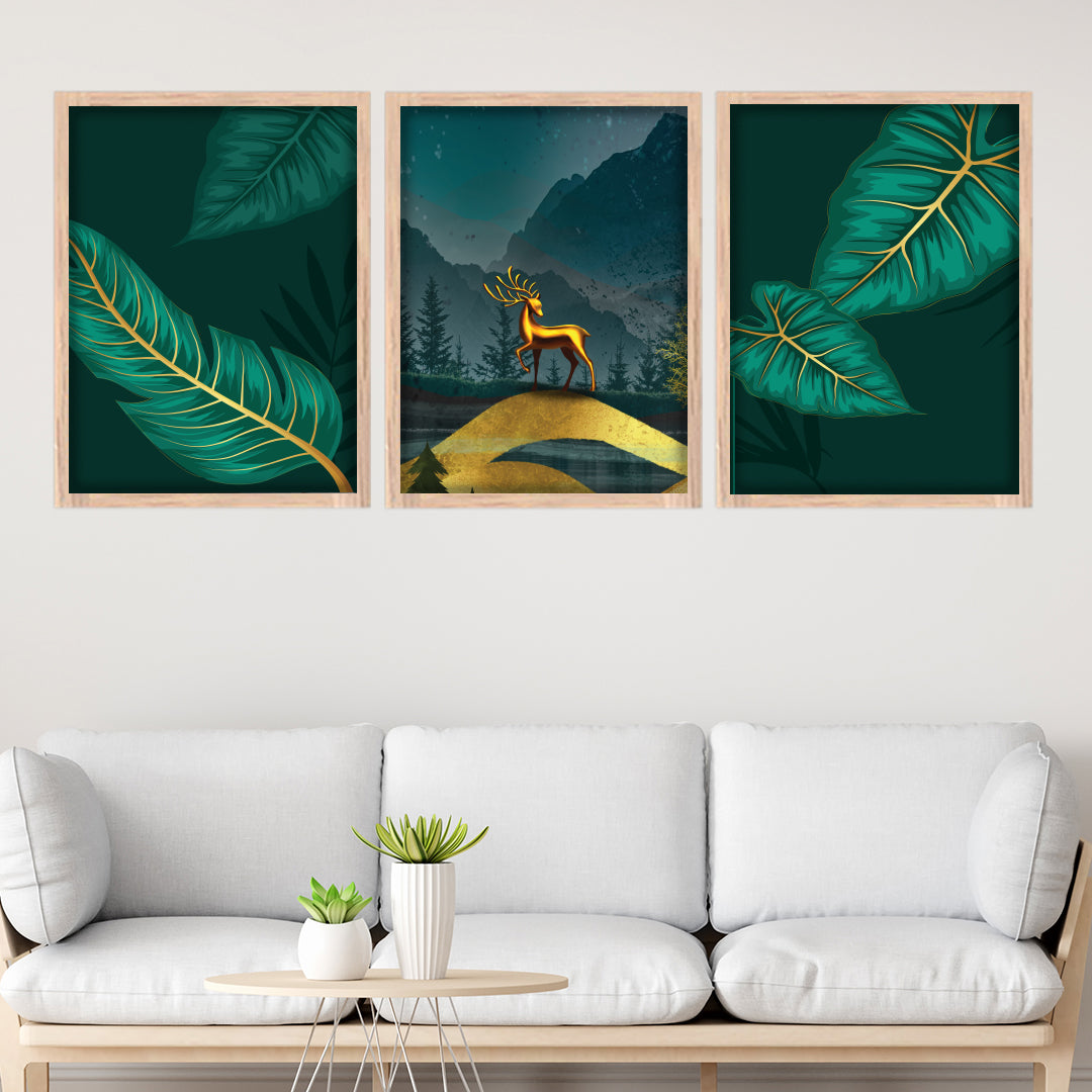 Golden Stag in Midnight Forest Wall Frame Set