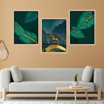 Golden Stag in Midnight Forest Wall Frame Set