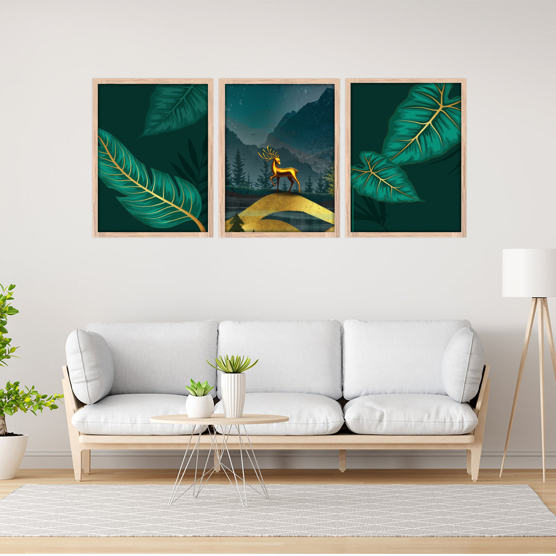 Golden Stag in Midnight Forest Wall Frame Set