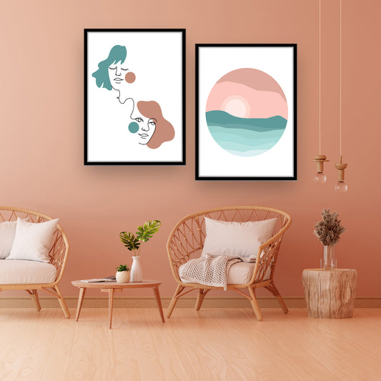 Minimalist Line Art Faces and Sunset Duo Wall Frame