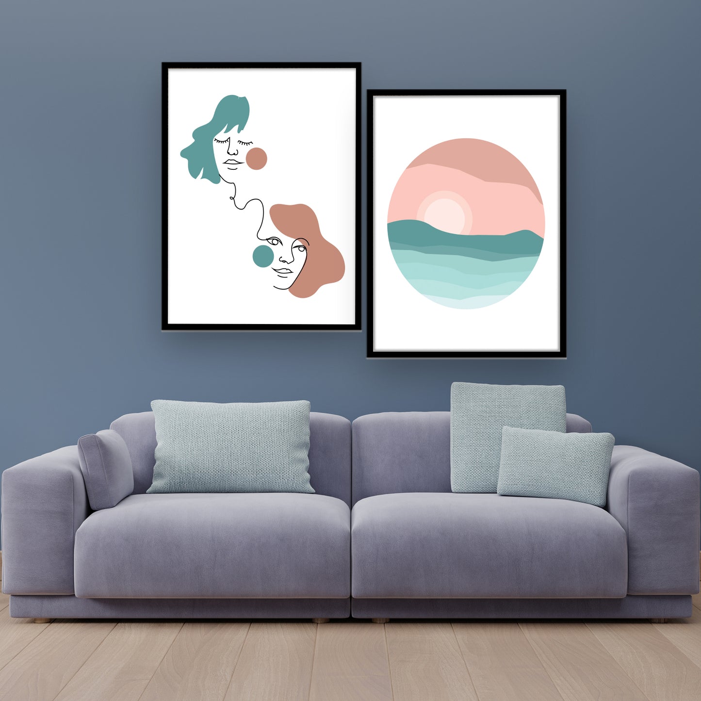 Minimalist Line Art Faces and Sunset Duo Wall Frame