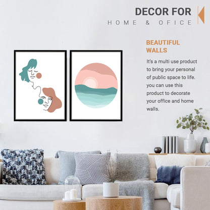 Minimalist Line Art Faces and Sunset Duo Wall Frame