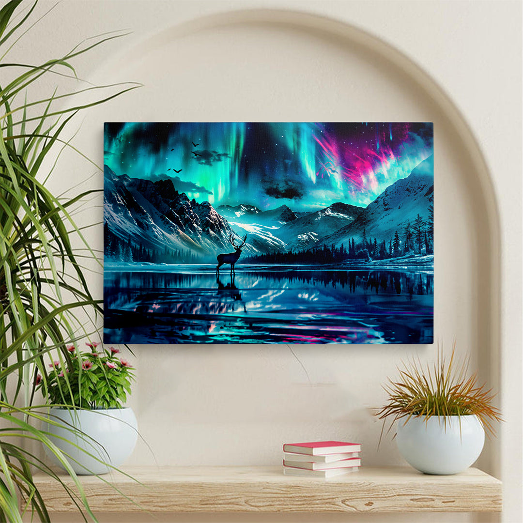 Deer Silhouette Northern Lights Lake Reflection Print Canvas
