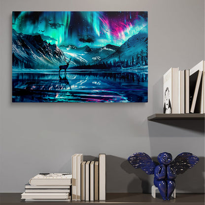 Deer Silhouette Northern Lights Lake Reflection Print Canvas