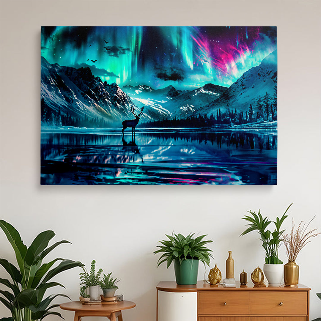 Deer Silhouette Northern Lights Lake Reflection Print Canvas