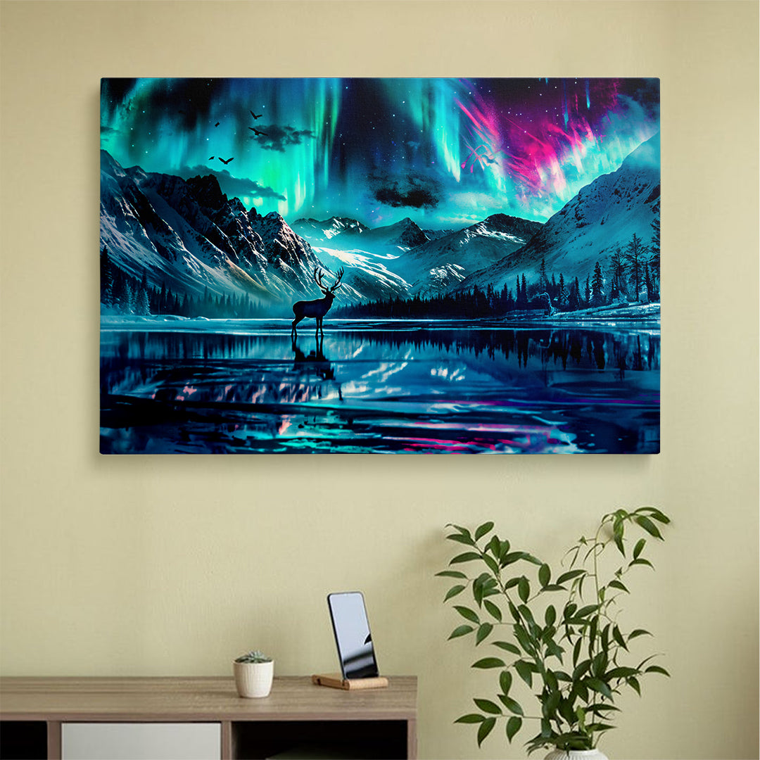 Deer Silhouette Northern Lights Lake Reflection Print Canvas
