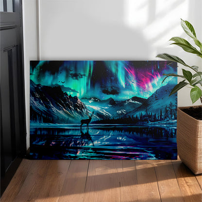 Deer Silhouette Northern Lights Lake Reflection Print Canvas